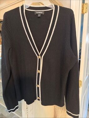 Express Black Ribbed Cardigan with White Trim and Gold Buttons